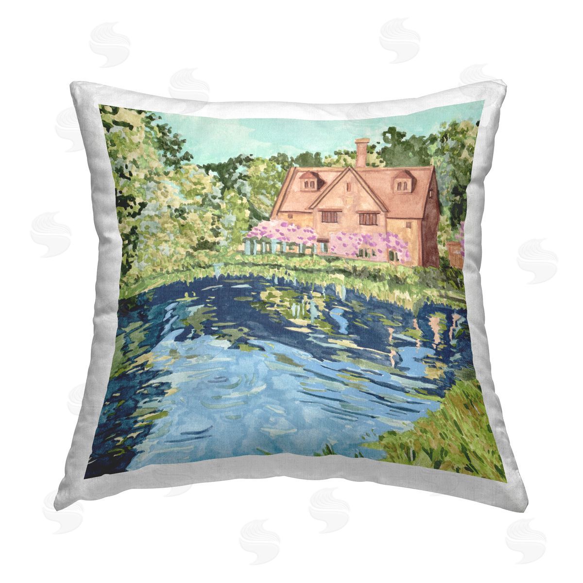 Melissa Wang Floral Cottage & Lake Printed Plush Polyester Throw Pillow