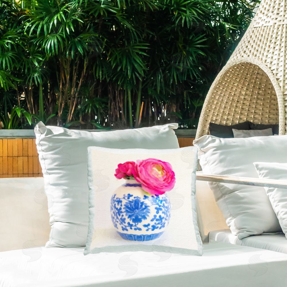 Graffitee Studios Pink & Blue Floral Vase Outdoor Quick-Dry Polyester Printed Throw Pillow in Back Yard