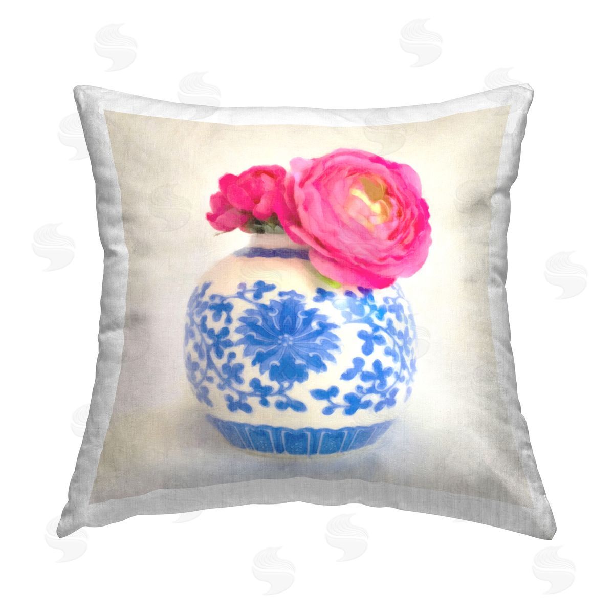 Graffitee Studios Pink & Blue Floral Vase Printed Plush Polyester Throw Pillow