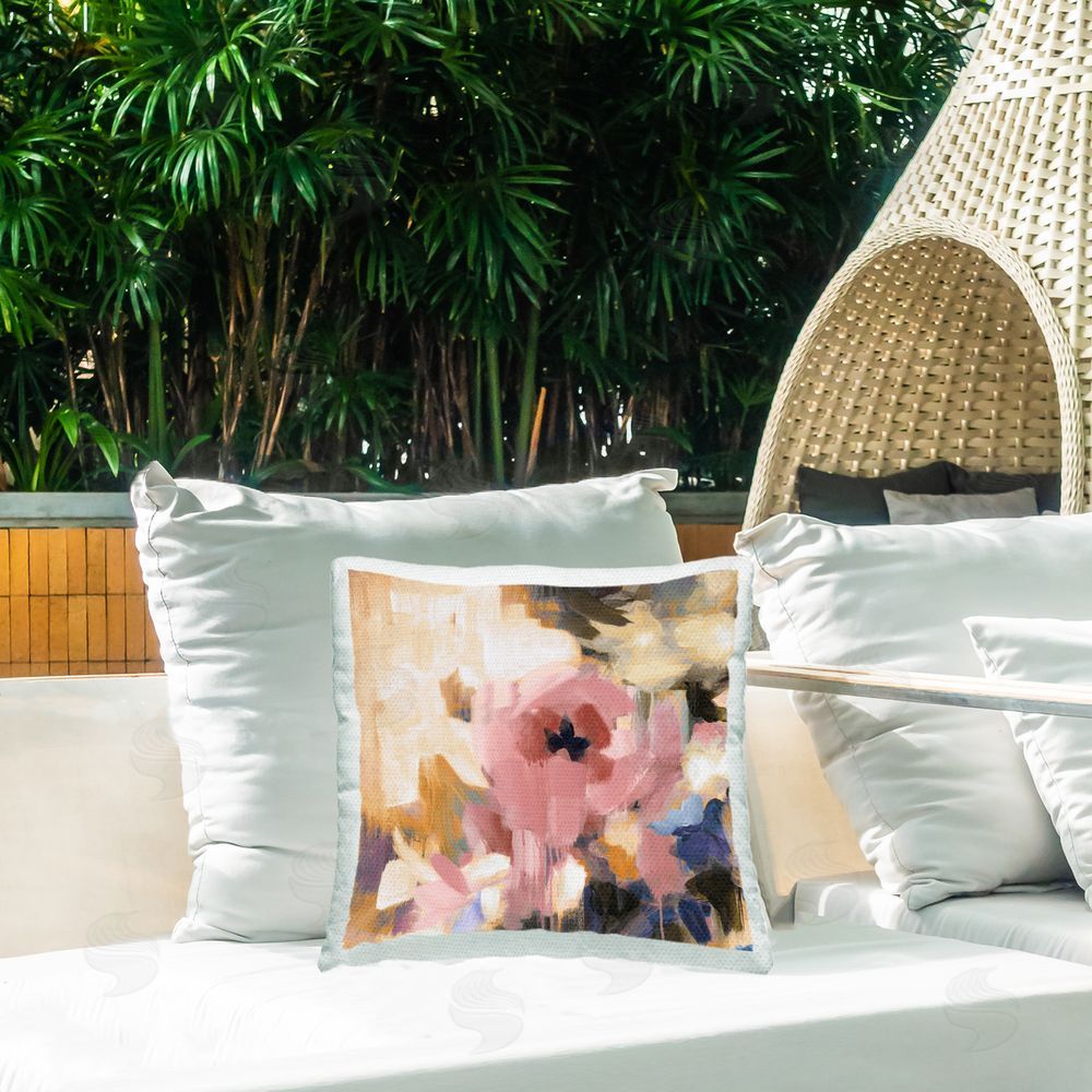 Liz Jardine Budding Rose Abstract Outdoor Quick-Dry Polyester Printed Throw Pillow in Back Yard