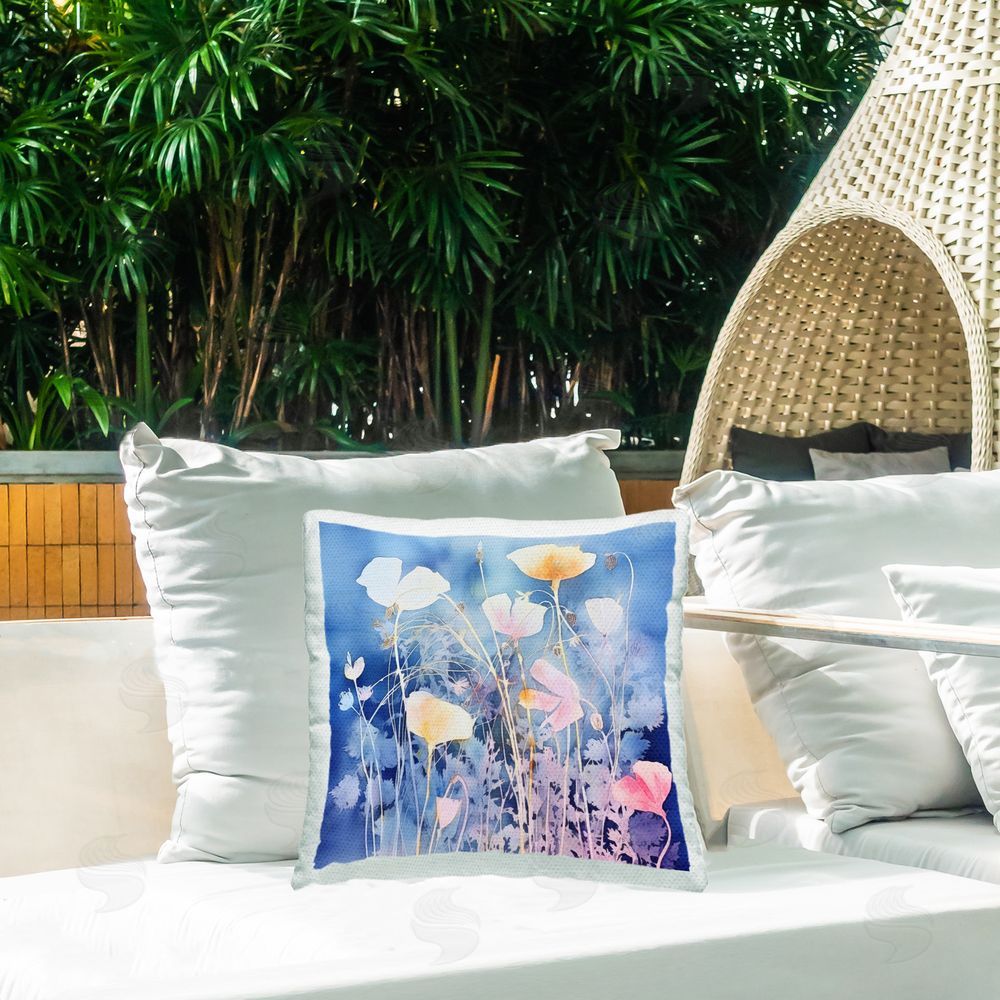 Irena Orlov Tranquil Blue Flowers Outdoor Quick-Dry Polyester Printed Throw Pillow in Back Yard