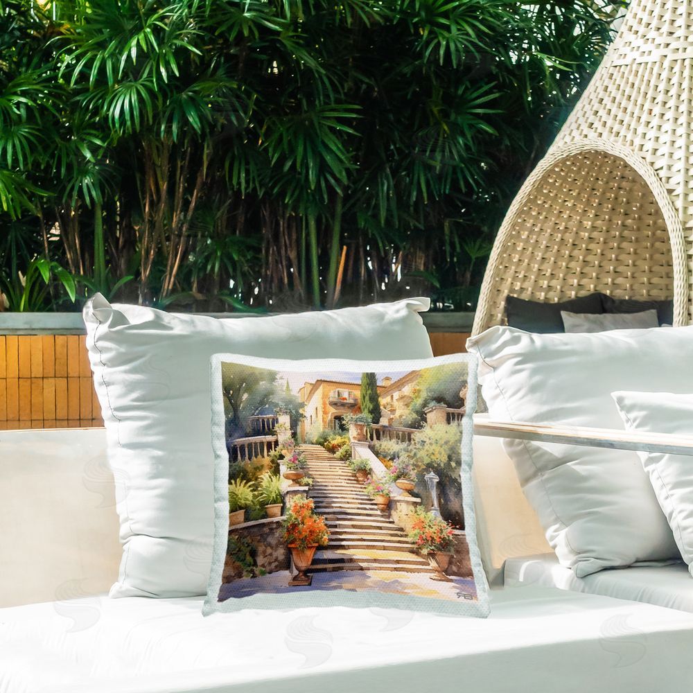RB European Villa Architecture Outdoor Quick-Dry Polyester Printed Throw Pillow in Back Yard