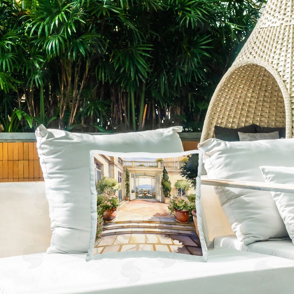 RB European Terrace Architecture Outdoor Quick-Dry Polyester Printed Throw Pillow in Back Yard