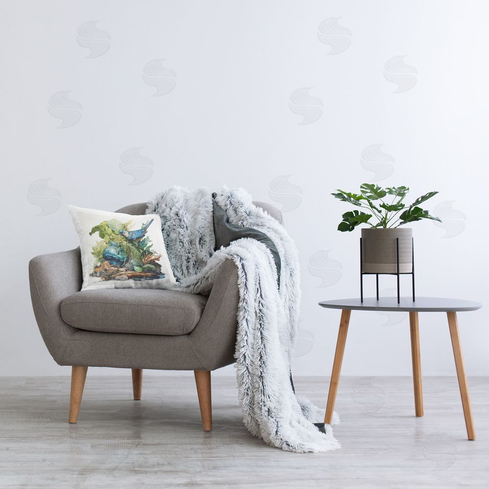 RB Nature Arrangement with Bird Printed Plush Polyester Throw Pillow On Chair