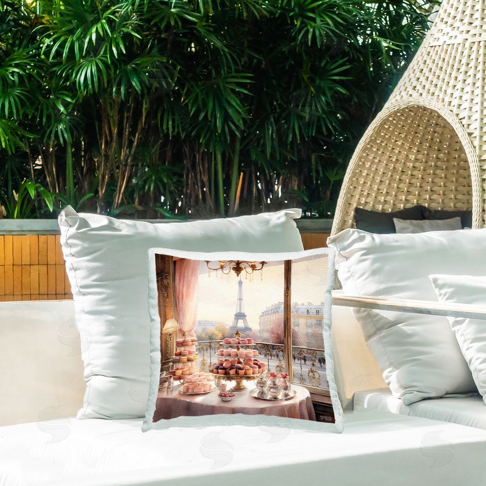 RB Parisian Desserts View Outdoor Quick-Dry Polyester Printed Throw Pillow in Back Yard