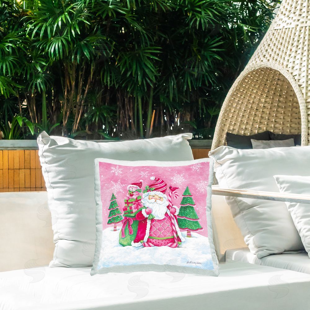 Diane Kater Pink Santa Snowscape Outdoor Quick-Dry Polyester Printed Throw Pillow in Back Yard