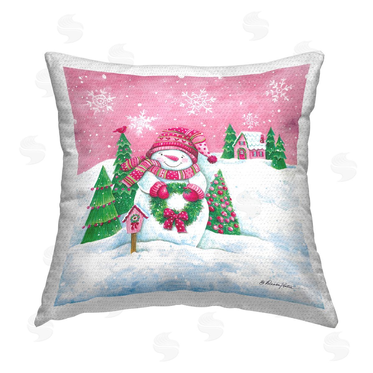 Diane Kater Winter Snowman & Cottage Outdoor Quick-Dry Polyester Printed Throw Pillow