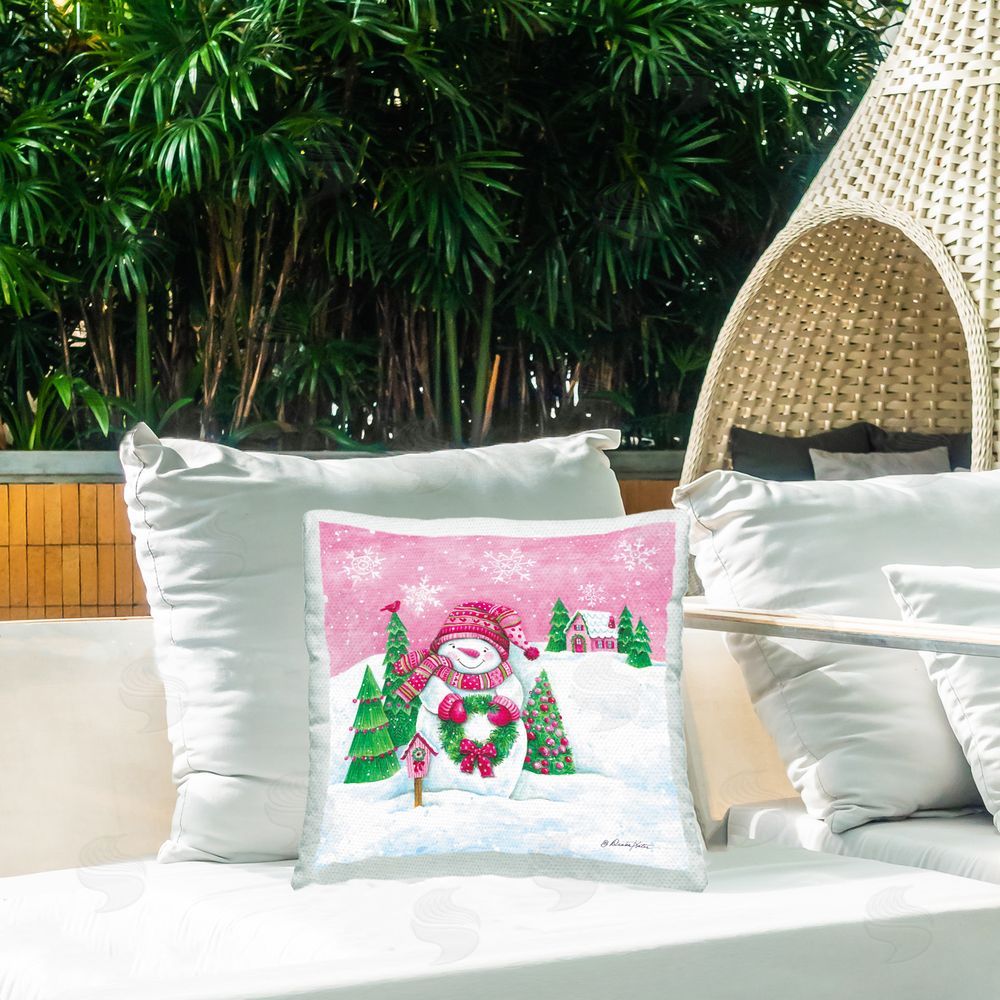 Diane Kater Winter Snowman & Cottage Outdoor Quick-Dry Polyester Printed Throw Pillow in Back Yard