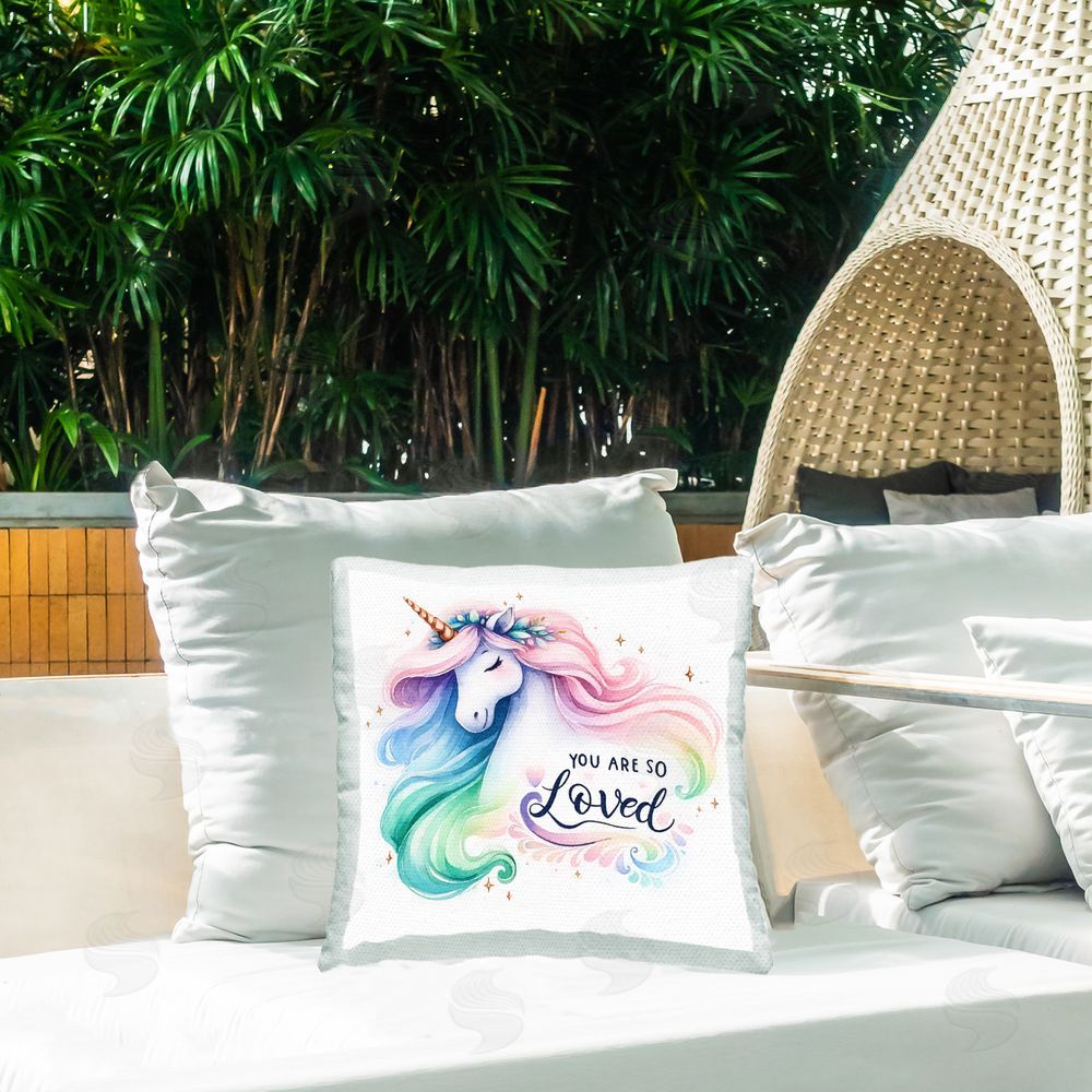 Amanda Greenwood Loving Pastel Unicorn Outdoor Quick-Dry Polyester Printed Throw Pillow in Back Yard