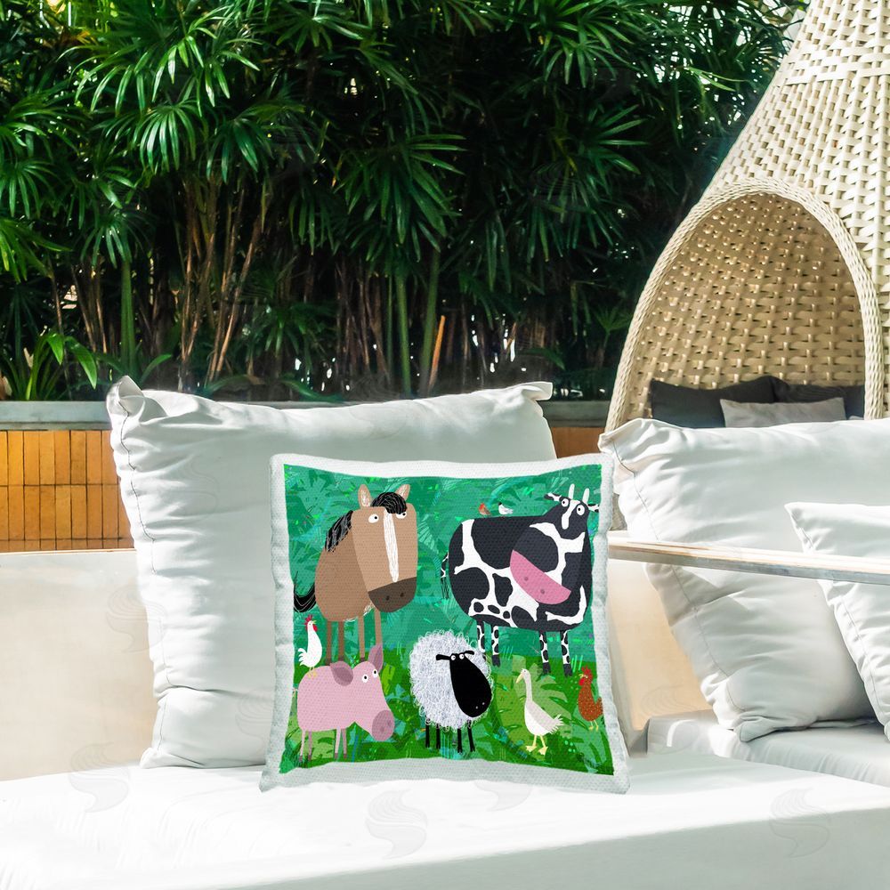 Carla Daly Cartoon Farm Animals Outdoor Quick-Dry Polyester Printed Throw Pillow in Back Yard