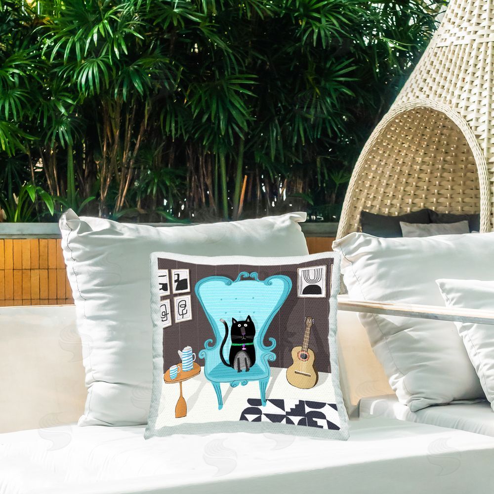 Carla Daly Cat in Living Space Outdoor Quick-Dry Polyester Printed Throw Pillow in Back Yard