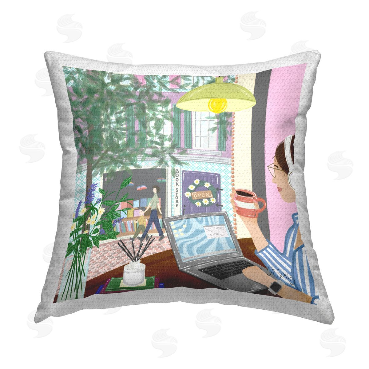 Ale Saiz Studio Woman Working at Desk Outdoor Quick-Dry Polyester Printed Throw Pillow