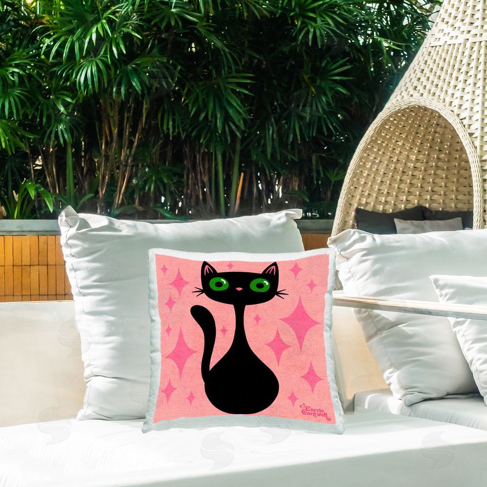 Carrie Cantwell Modern Black Cat Outdoor Quick-Dry Polyester Printed Throw Pillow in Back Yard
