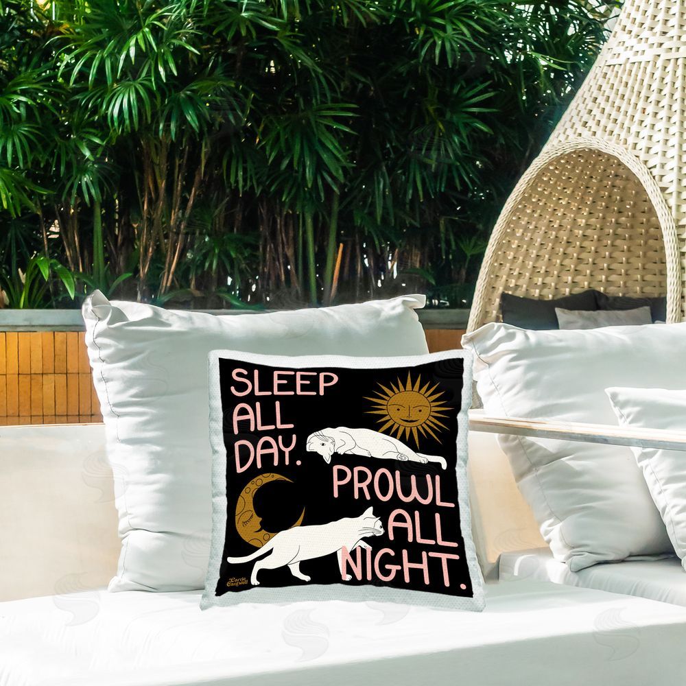 Carrie Cantwell Sleep & Prowl Cats Outdoor Quick-Dry Polyester Printed Throw Pillow in Back Yard