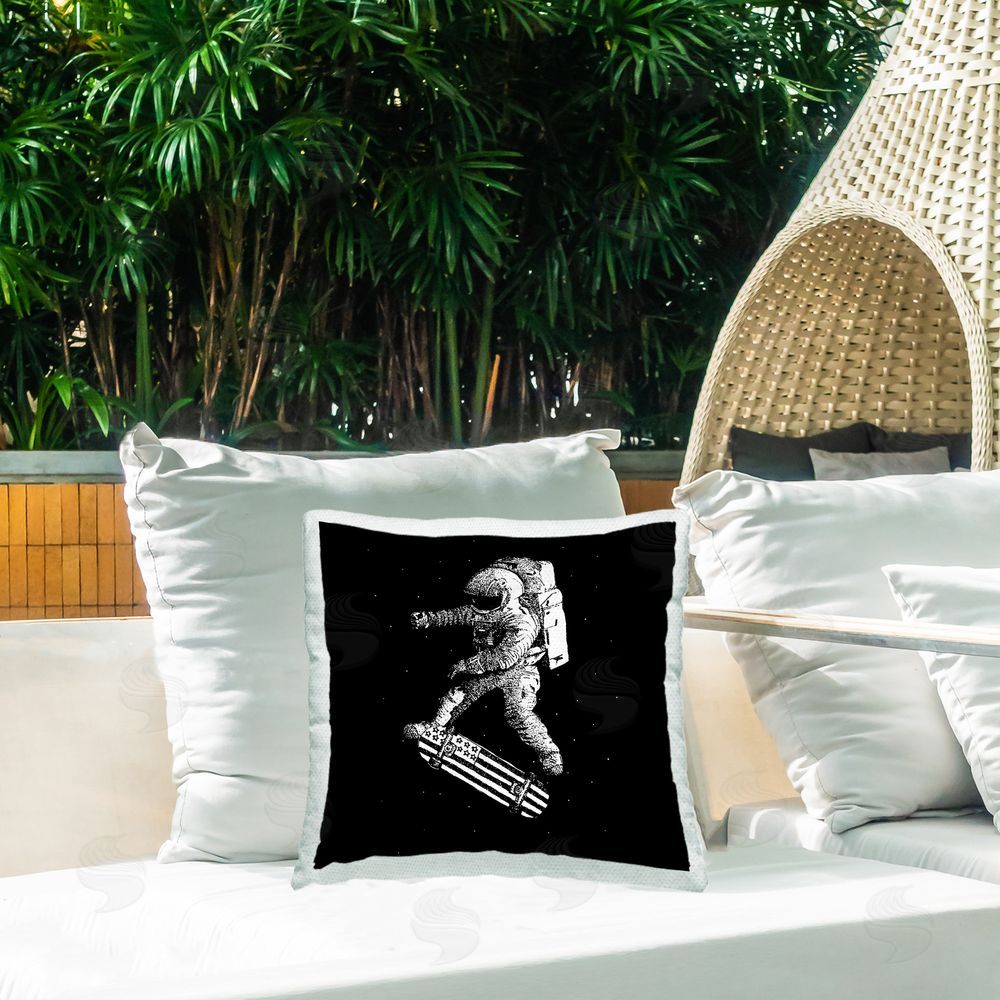 Robert Farkas Skateboarding Astronaut on Black Outdoor Quick-Dry Polyester Printed Throw Pillow in Back Yard