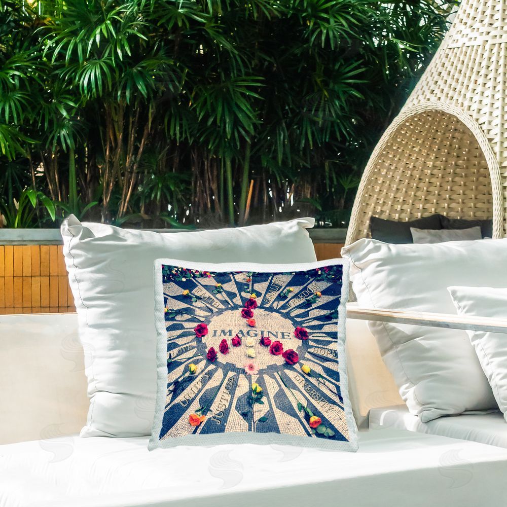 Graffitee Studios Imagine Peace Symbol Outdoor Quick-Dry Polyester Printed Throw Pillow in Back Yard