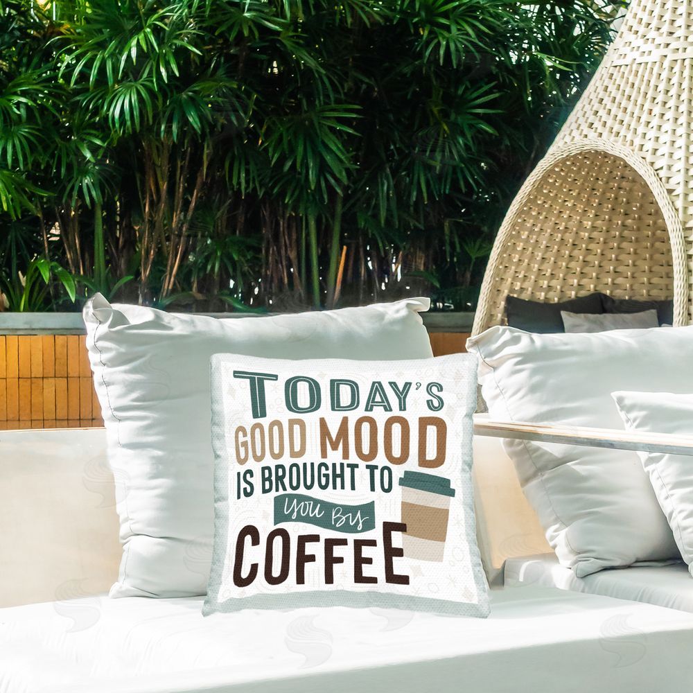 Lady Louise Designs Coffee Brings Good Mood Outdoor Quick-Dry Polyester Printed Throw Pillow in Back Yard