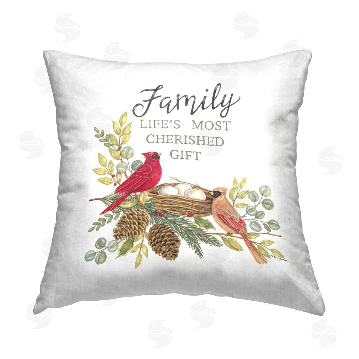 Deb Strain Family Phrase with Birds Printed Plush Polyester Throw Pillow