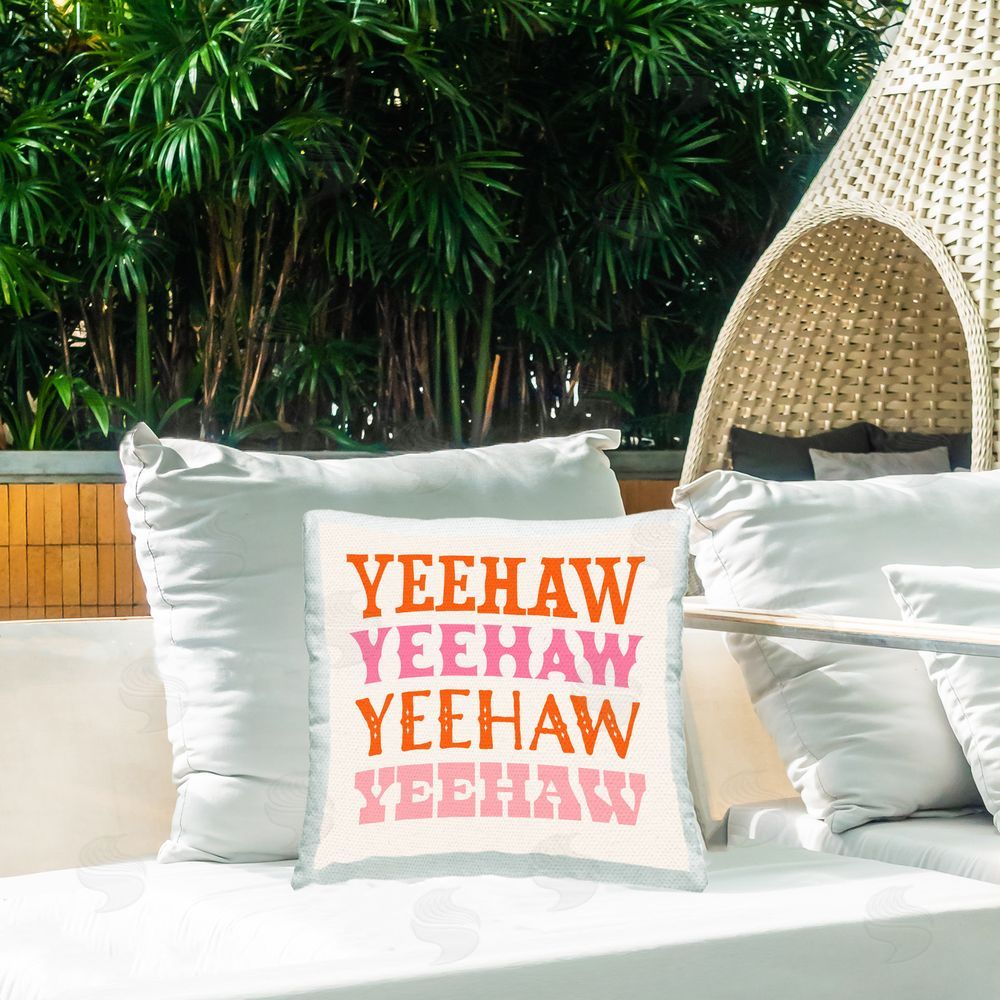 Victoria Barnes Pink & Orange Yeehaw Outdoor Quick-Dry Polyester Printed Throw Pillow in Back Yard