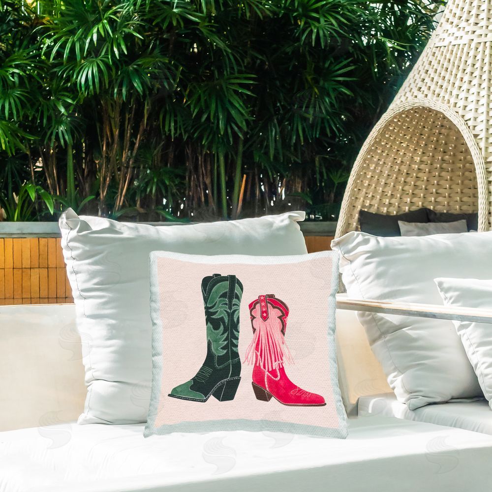 Grace Popp Pink & Green Boots Outdoor Quick-Dry Polyester Printed Throw Pillow in Back Yard