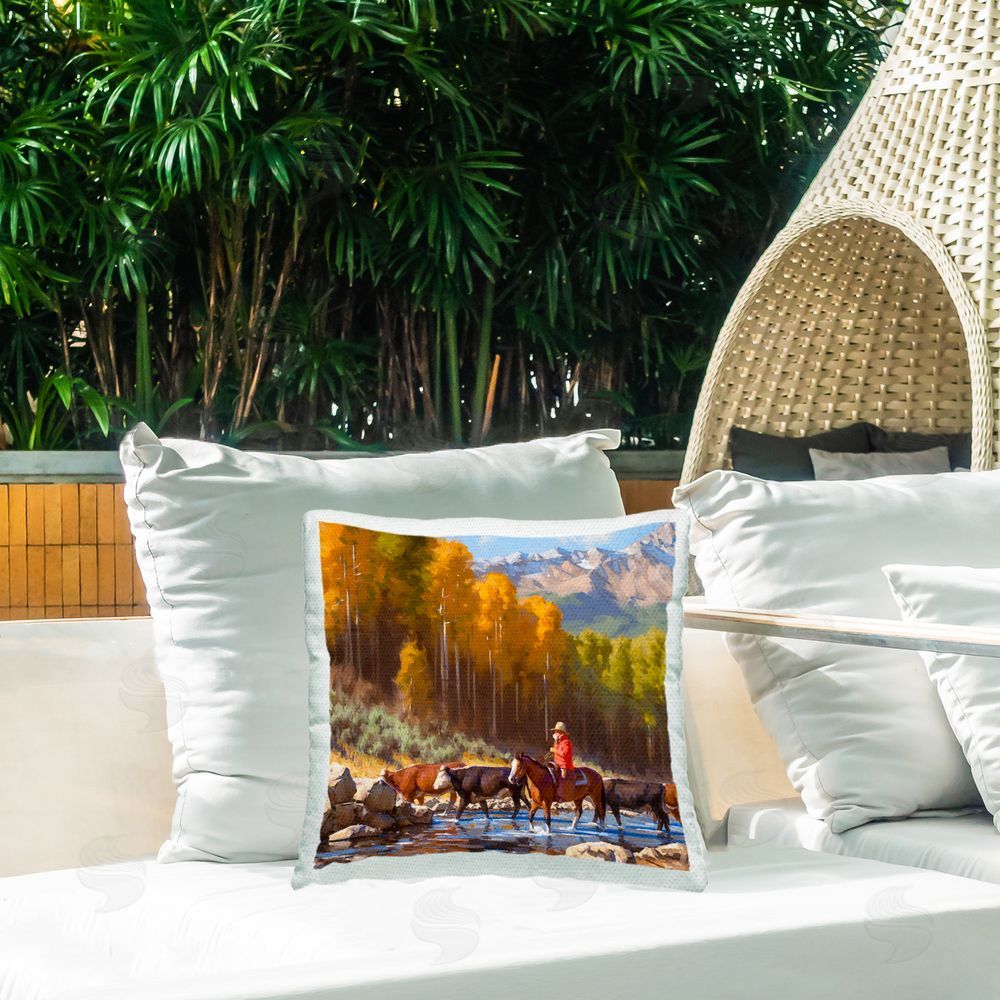 Jimmy Dyer Herding Cattle Landscape Outdoor Quick-Dry Polyester Printed Throw Pillow in Back Yard