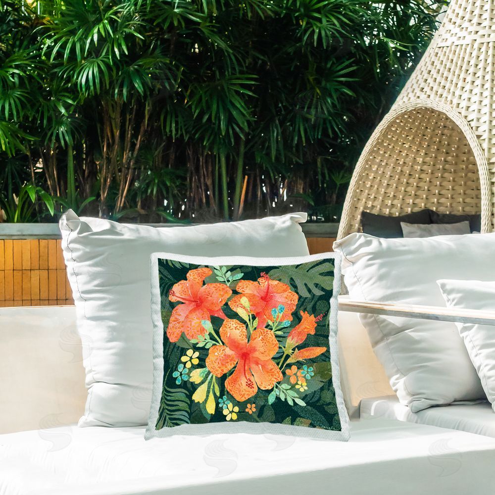 Rebecca Canale Tropical Hibiscus Bunches Outdoor Quick-Dry Polyester Printed Throw Pillow in Back Yard