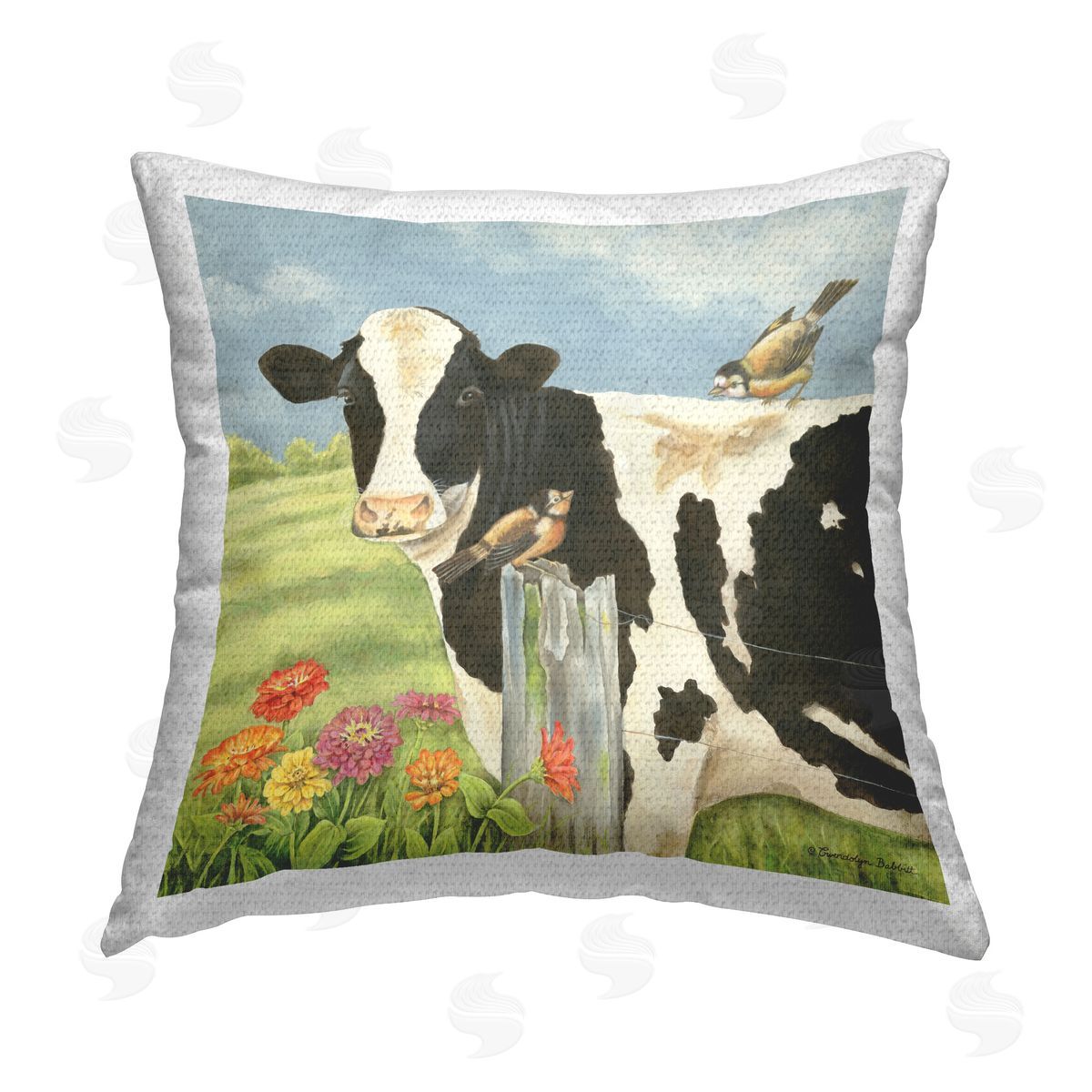 Gwendolyn Babbit Cow & Birds on Farm Outdoor Quick-Dry Polyester Printed Throw Pillow