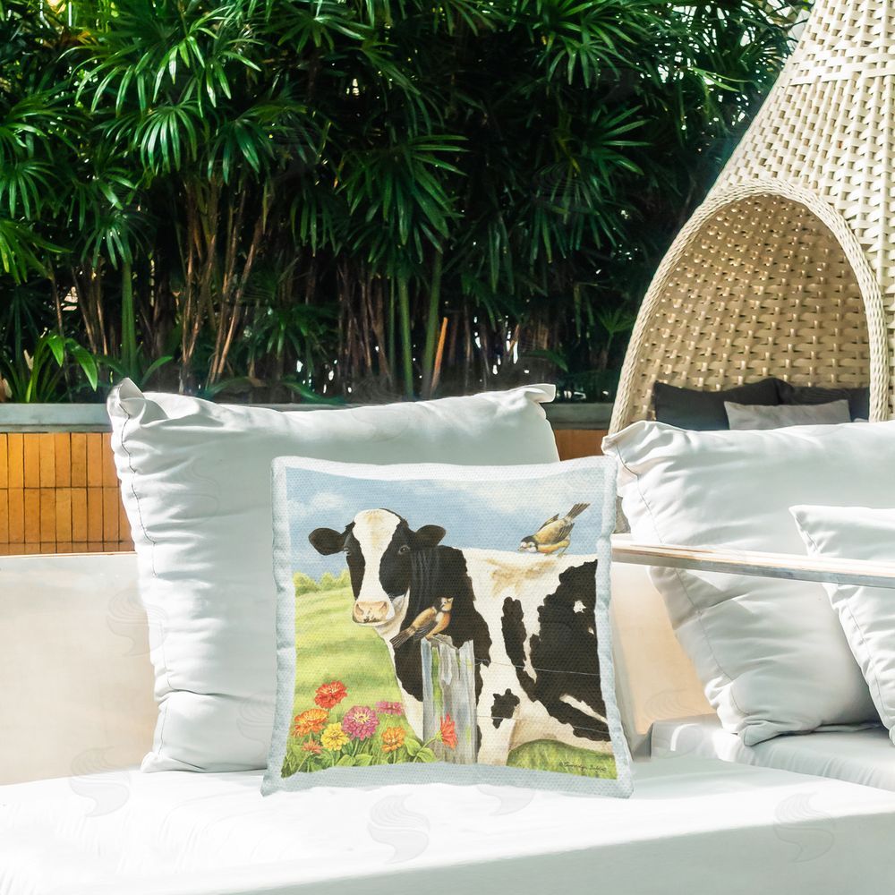 Gwendolyn Babbit Cow & Birds on Farm Outdoor Quick-Dry Polyester Printed Throw Pillow in Back Yard