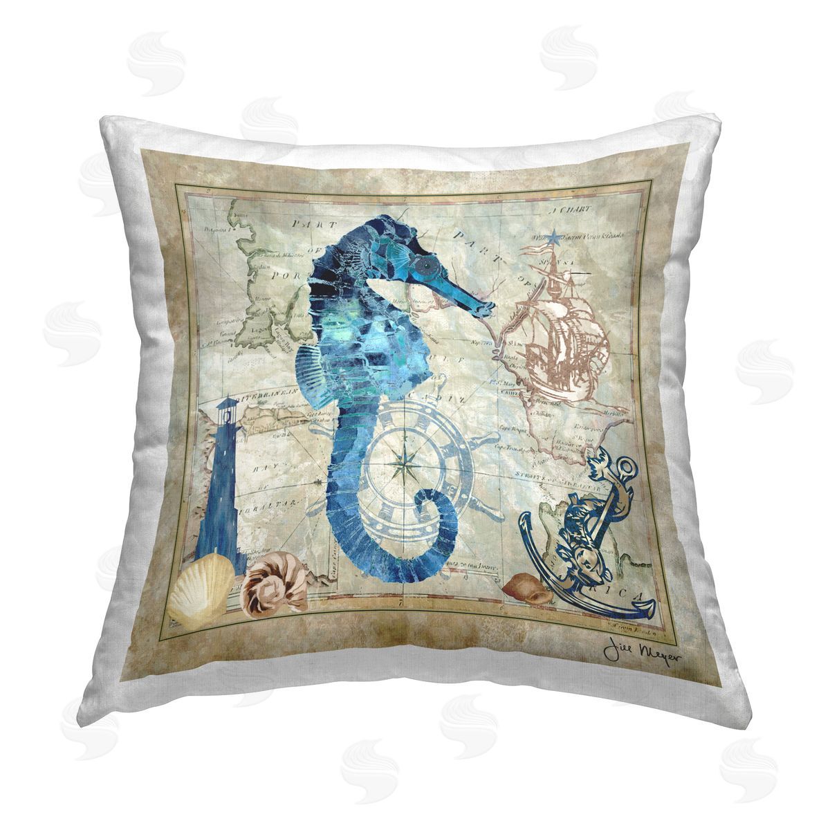 Jill Meyer Seahorse & Maritime Map Printed Plush Polyester Throw Pillow