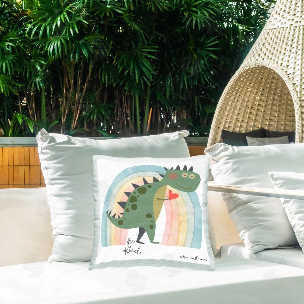 Bonnie Lemaire Be Kind Dinosaur Outdoor Quick-Dry Polyester Printed Throw Pillow in Back Yard