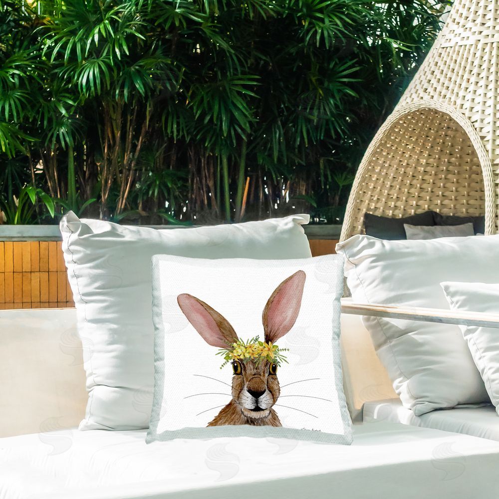 Sharon Kuplack Hare with Flower Crown Outdoor Quick-Dry Polyester Printed Throw Pillow in Back Yard