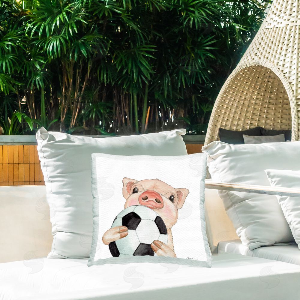 Sharon Kuplack Pig with Soccer Ball Outdoor Quick-Dry Polyester Printed Throw Pillow in Back Yard