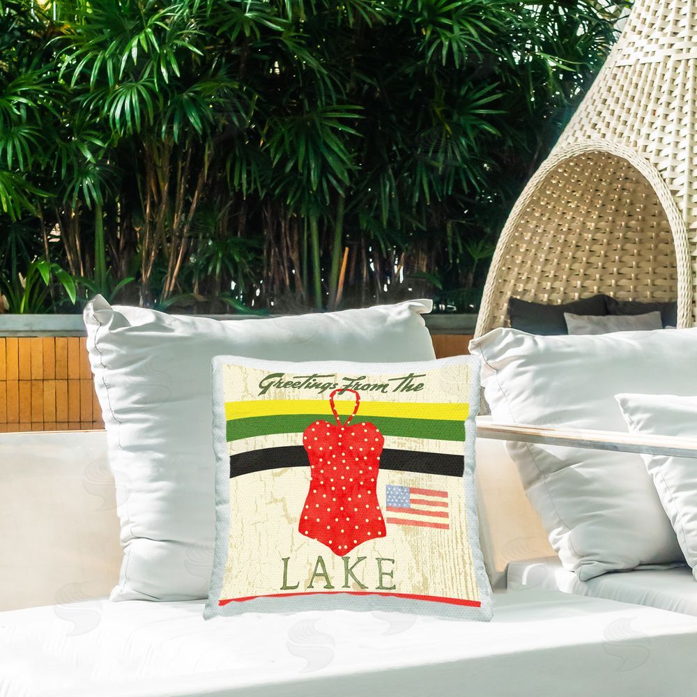 Andrea Tachiera Lake Greetings Swimsuit Outdoor Quick-Dry Polyester Printed Throw Pillow in Back Yard