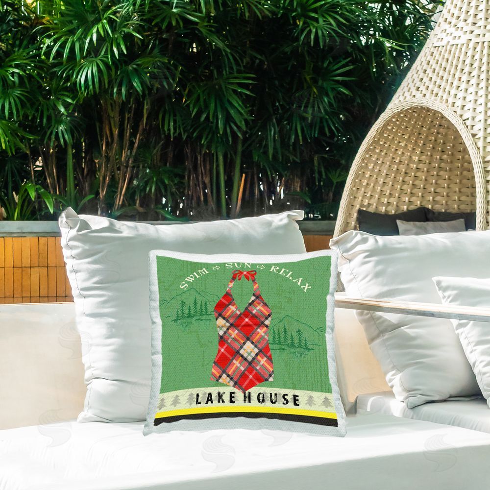 Andrea Tachiera Lake House Swimsuit Outdoor Quick-Dry Polyester Printed Throw Pillow in Back Yard