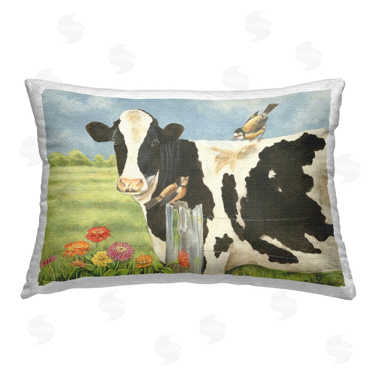Gwendolyn Babbit Bird Perched on Cow Outdoor Quick-Dry Polyester Printed Throw Pillow