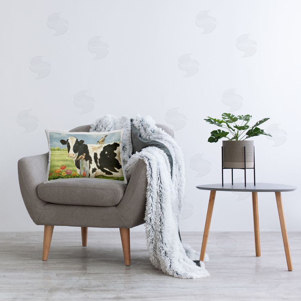 Gwendolyn Babbit Bird Perched on Cow Printed Plush Polyester Throw Pillow On Chair