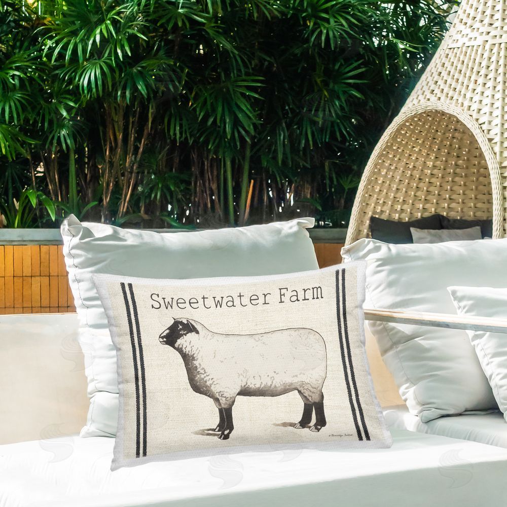 Gwendolyn Babbit Vintage Farm Sheep Outdoor Quick-Dry Polyester Printed Throw Pillow in Back Yard
