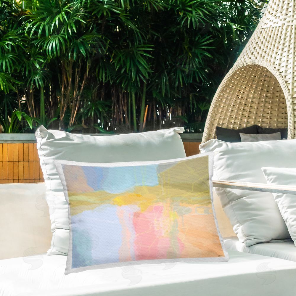 Michael Tienhaara Pastel Collaged Pattern Outdoor Quick-Dry Polyester Printed Throw Pillow in Back Yard