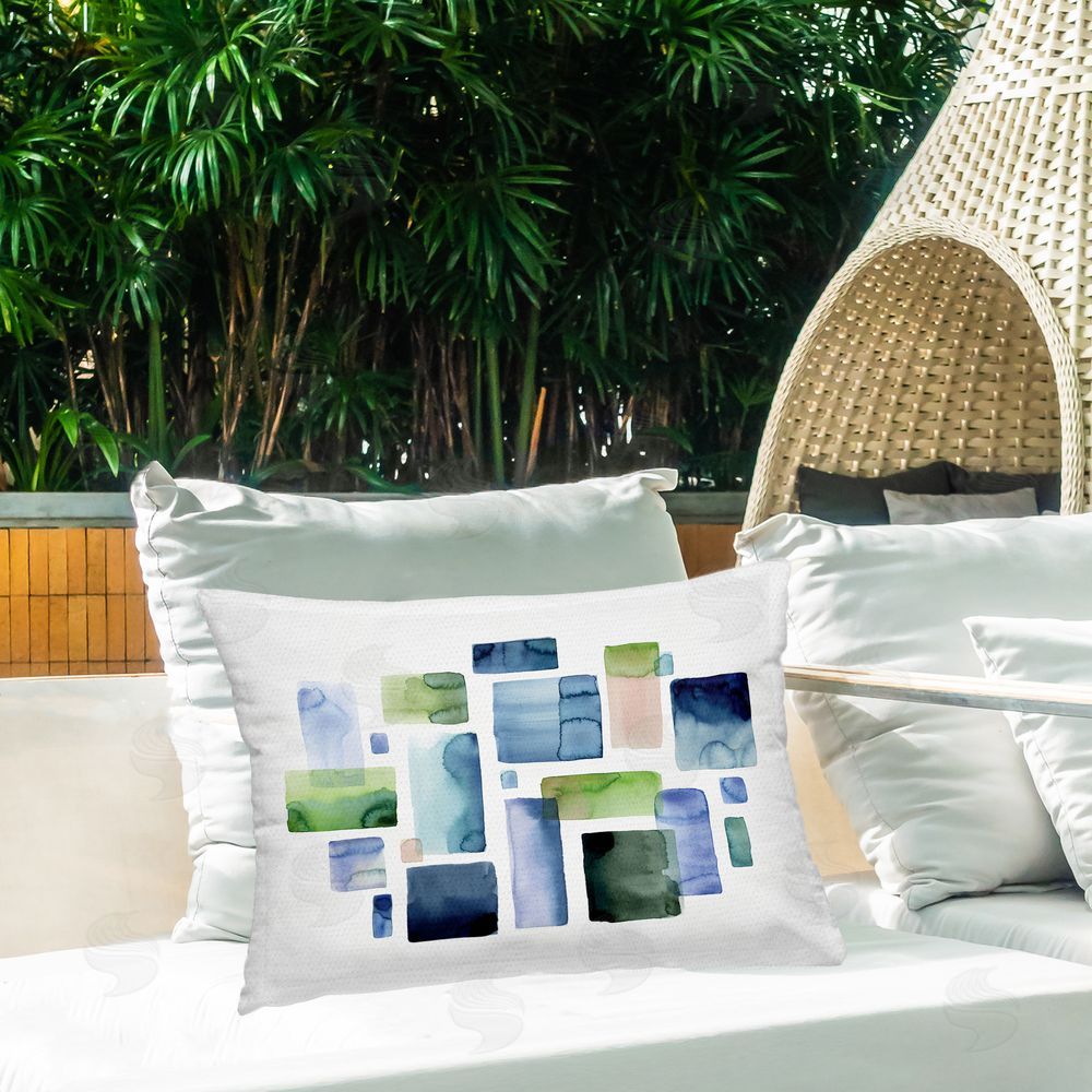Stephanie Ryan Asymmetrical Watercolor Shapes Outdoor Quick-Dry Polyester Printed Throw Pillow in Back Yard