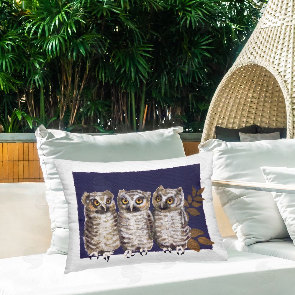 Nancy Overton Owl Trio & Leaves Outdoor Quick-Dry Polyester Printed Throw Pillow in Back Yard
