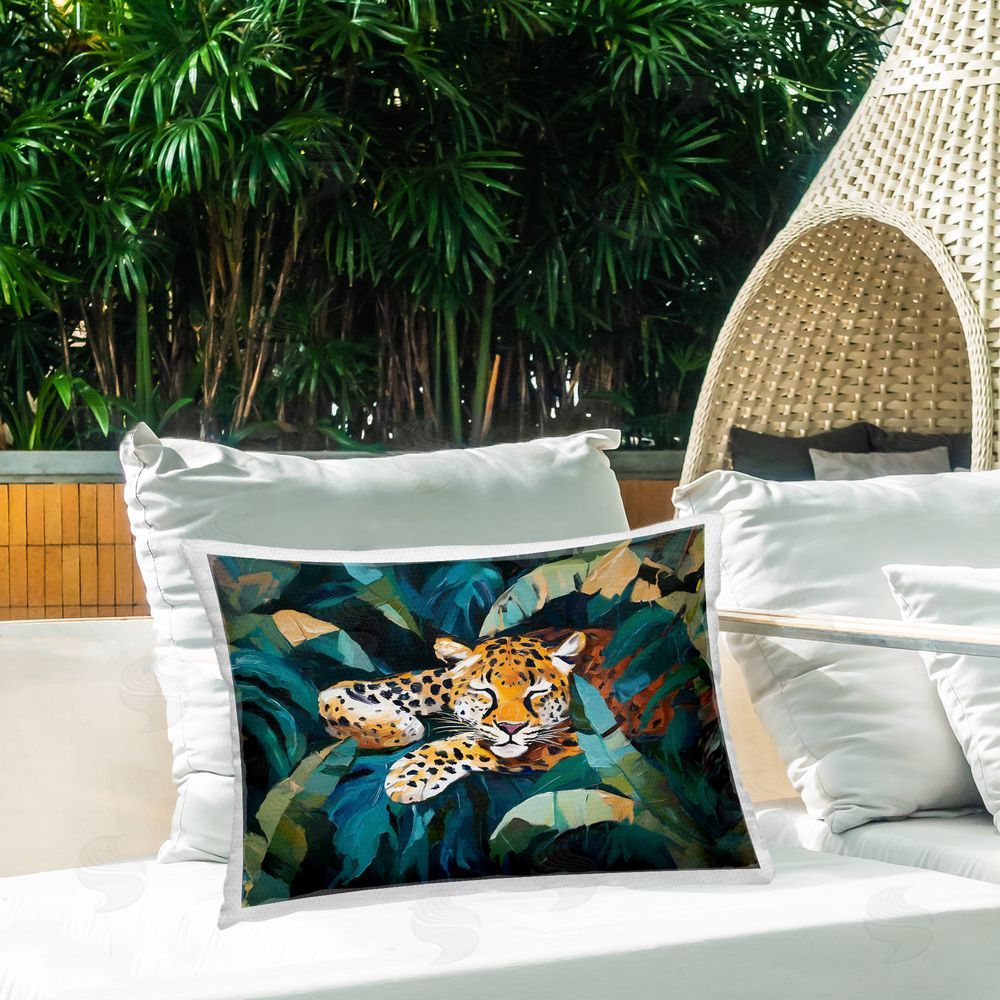 Ramona Murdock Leopard Sleeping in Leaves Outdoor Quick-Dry Polyester Printed Throw Pillow in Back Yard