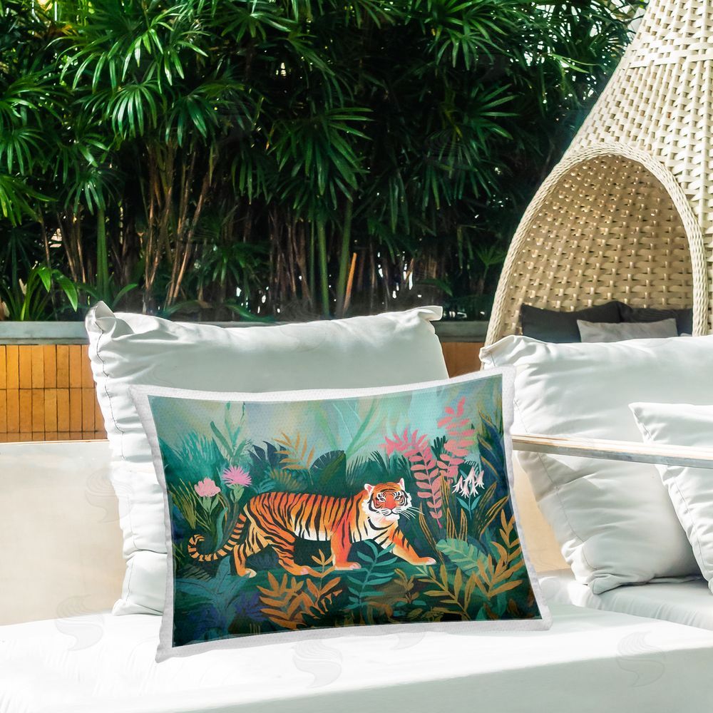 Ramona Murdock Tiger in Jungle Leaves Outdoor Quick-Dry Polyester Printed Throw Pillow in Back Yard