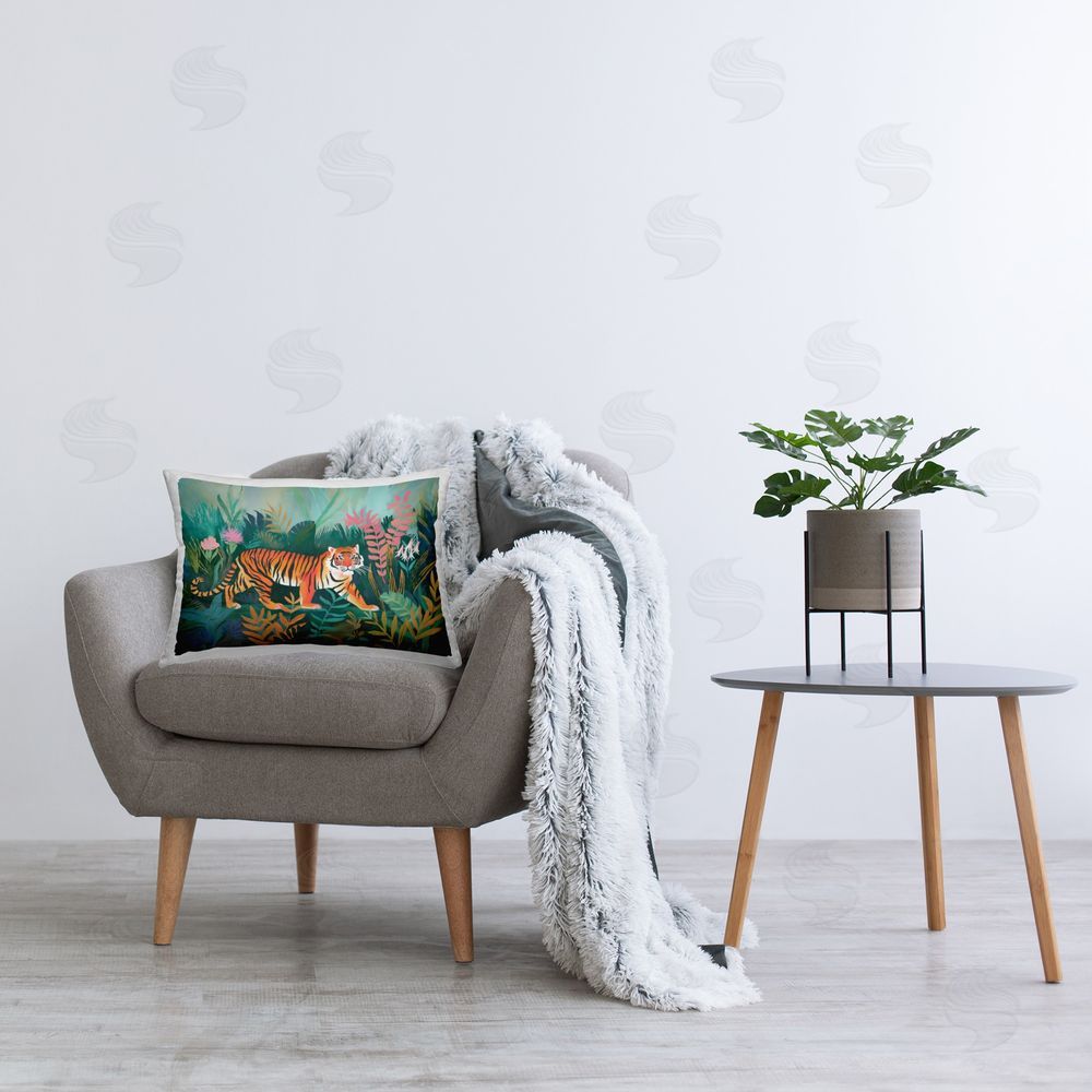 Ramona Murdock Tiger in Jungle Leaves Printed Plush Polyester Throw Pillow On Chair