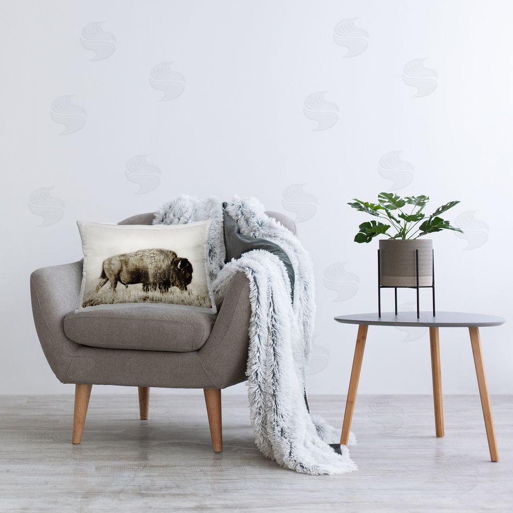 Dan Meneely Bison Grazing in Field Printed Plush Polyester Throw Pillow On Chair