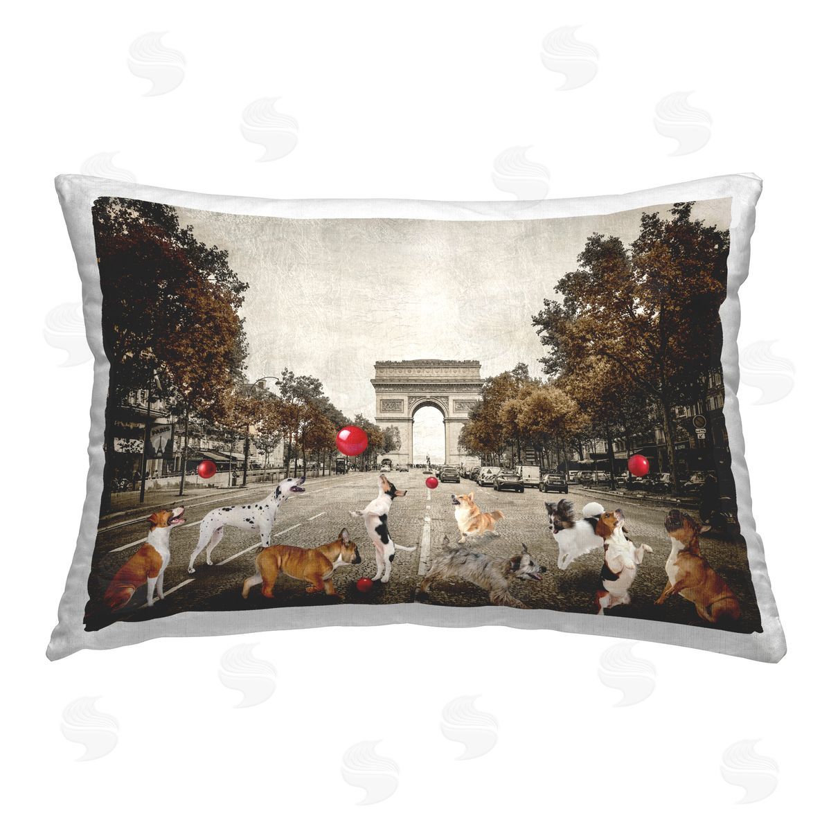CAD Designs Dogs Playing Among Architecture Printed Plush Polyester Throw Pillow