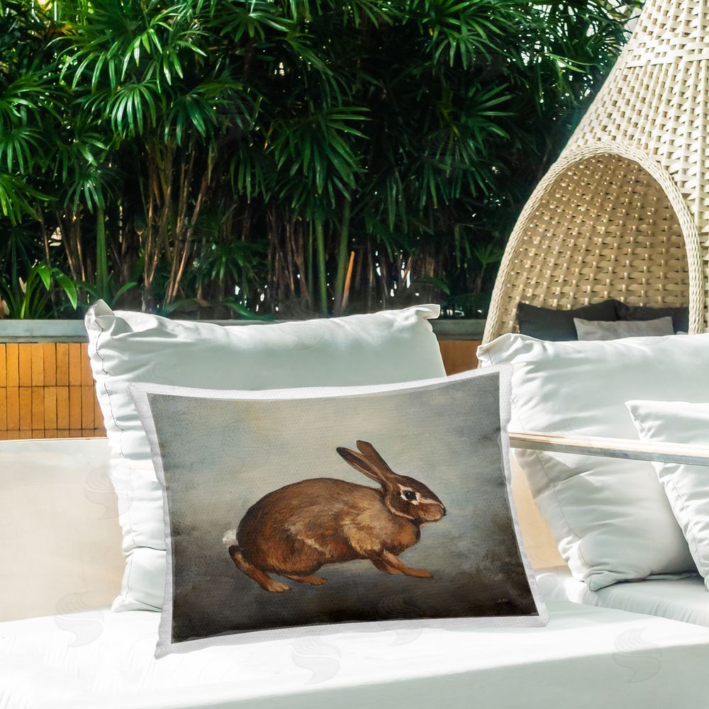 Julia Purinton Brown Rabbit on Grey Outdoor Quick-Dry Polyester Printed Throw Pillow in Back Yard