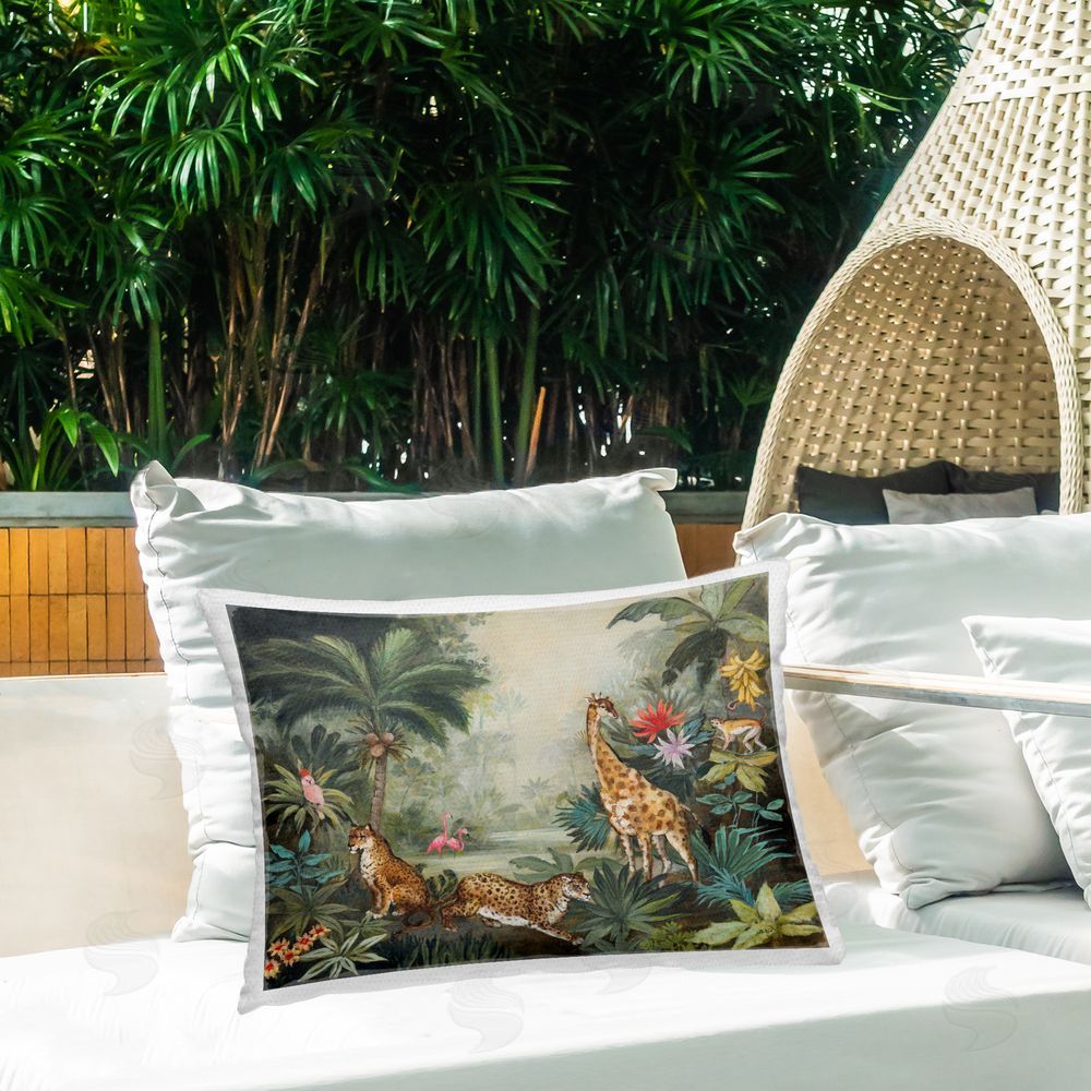 Julia Purinton Tropical Animals in Jungle Outdoor Quick-Dry Polyester Printed Throw Pillow in Back Yard