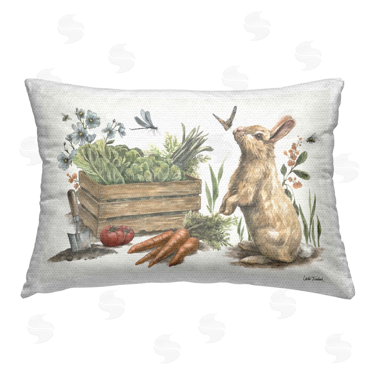 Leslie Trimbach Gardening Bunny Scene Outdoor Quick-Dry Polyester Printed Throw Pillow