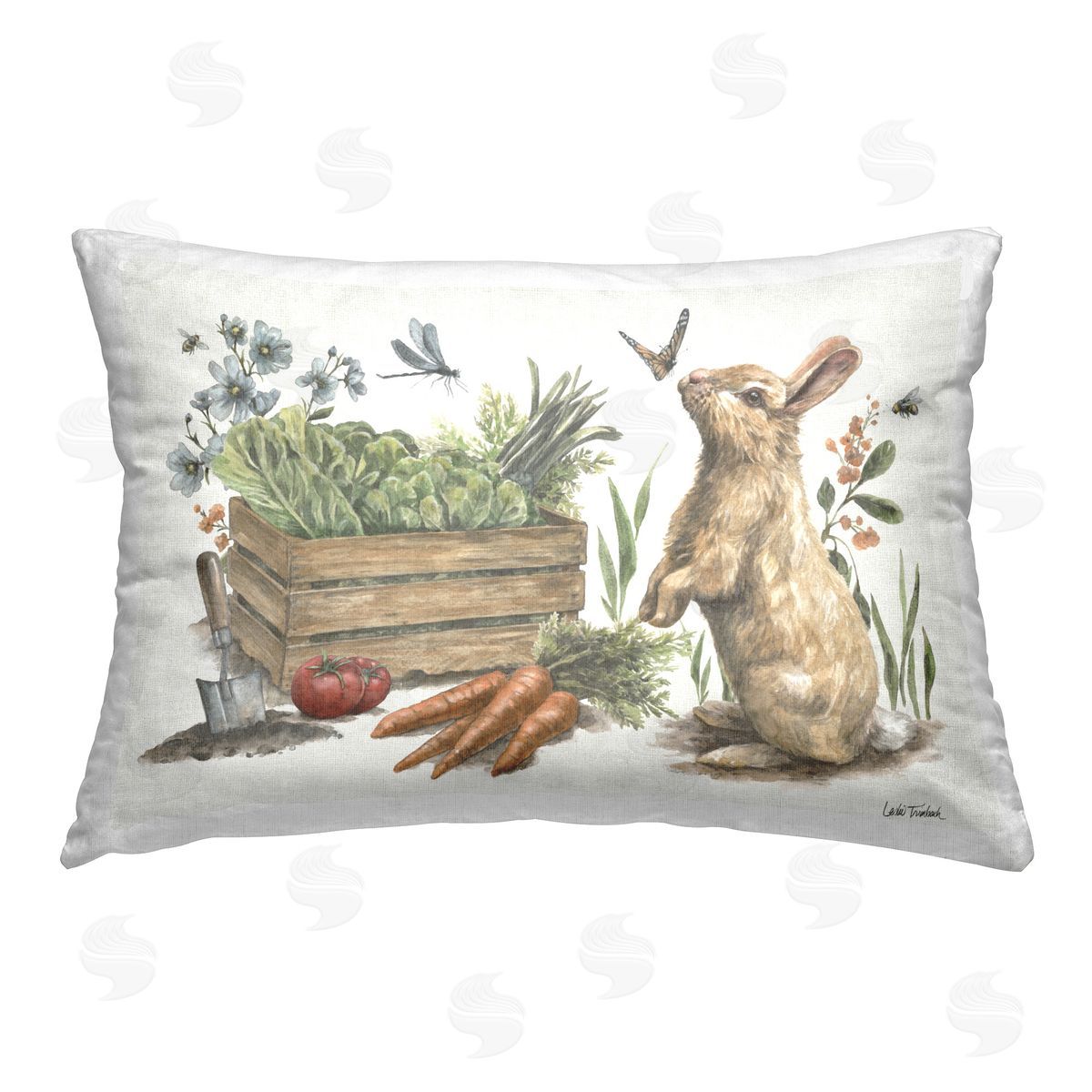 Leslie Trimbach Gardening Bunny Scene Printed Plush Polyester Throw Pillow