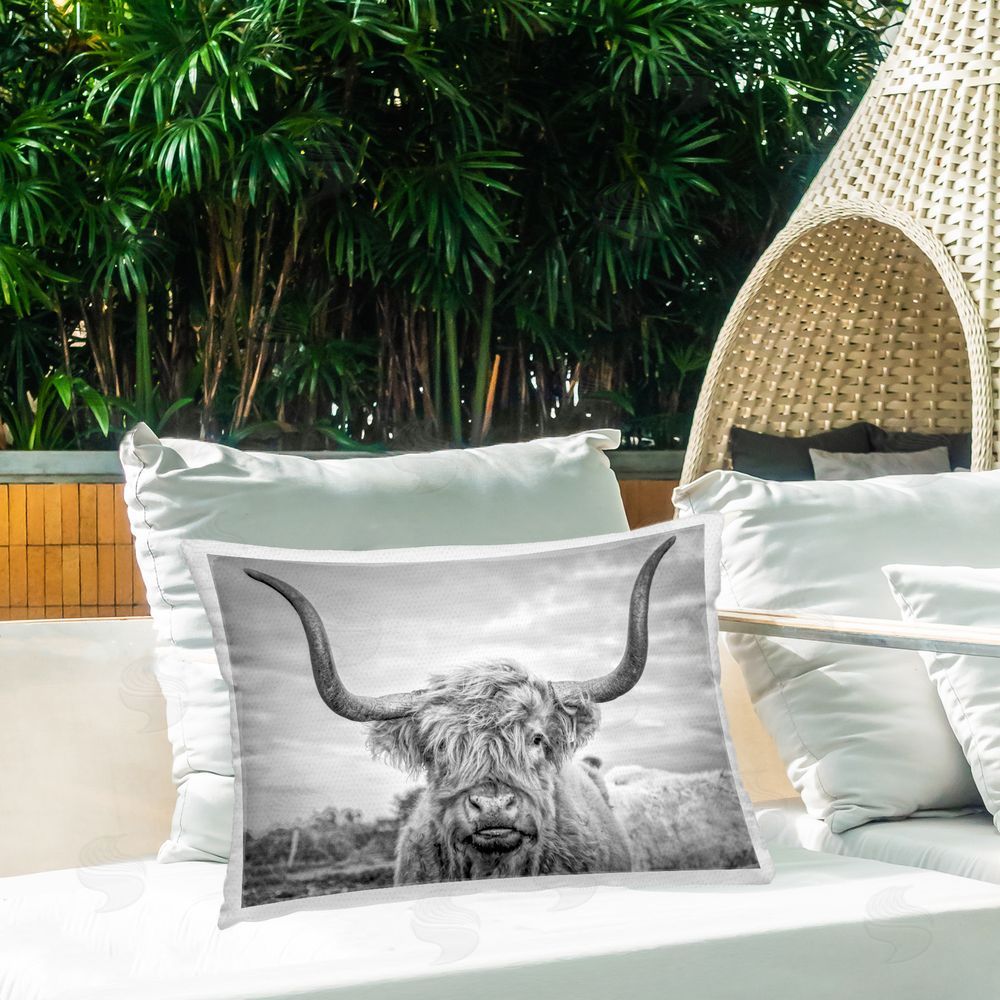 Jasper Huish Highland Cattle View Outdoor Quick-Dry Polyester Printed Throw Pillow in Back Yard